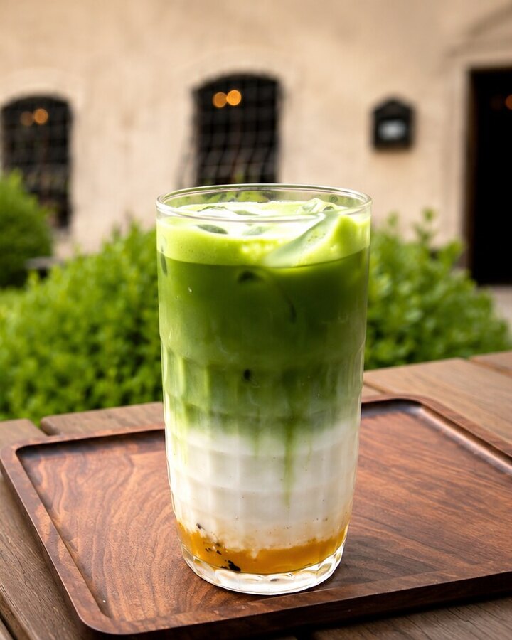 Matcha latte v zahradě Café Český Šternberk